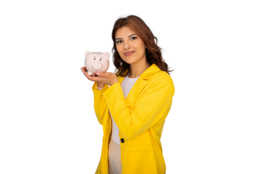 Young businesswoman smiling and holding piggy bank, promoting saving and financial responsibility, on a transparent background