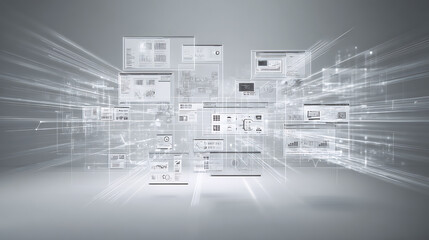 Digital interface visualization with overlapping data windows and streaming information in a futuristic technology environment