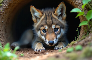 Adorable wolf cub with striking blue eyes rests inside den entrance. Young canine fluffy fur, curious gaze evoke feelings of tenderness, wild nature. Baby animal exploring surroundings near foliage,