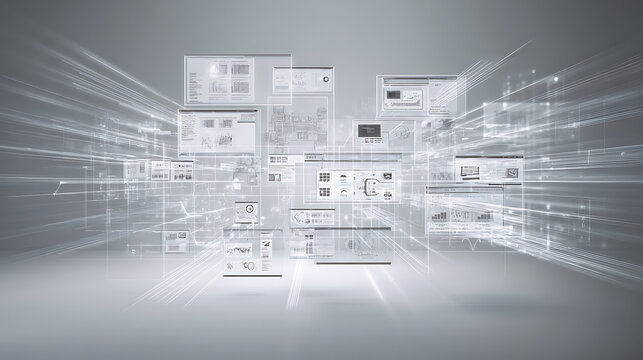 Digital interface visualization with overlapping data windows and streaming information in a futuristic technology environment