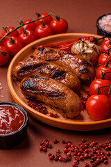 Grilled chicken or beef sausages with sauce and spices. Grilled sausages