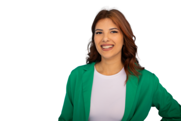 Confident businesswoman in green jacket smiling warmly, radiating professional success with vibrant, contemporary style