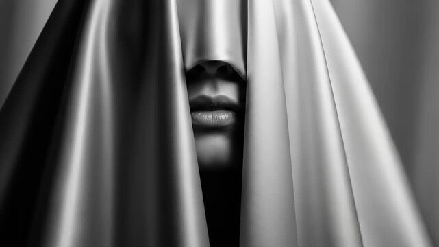 Mysterious portrait of a person shrouded in fabric, creating an enigmatic atmosphere in a studio - Powered by Adobe