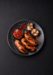 Grilled chicken or beef sausages with sauce and spices. Grilled sausages