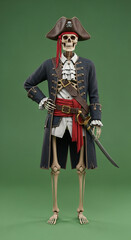 Halloween Skeleton Pirate Captain: 3D Render, Dark Blue Costume, Green Background