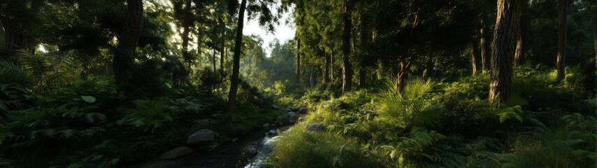 Lush jungle stream with light beams nature hdri panoramic view vibrant environment serene concept