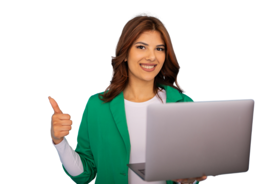 Confident businesswoman smiling, giving thumbs up while gripping laptop, embodying professional success on transparent backdrop