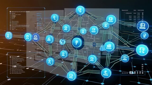 Understanding network topology with glowing nodes and connections for data visualization and ai