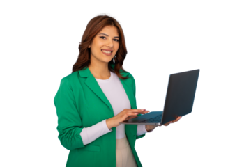 Professional businesswoman working on laptop, smiling confidently, transparent backdrop highlighting corporate achievement
