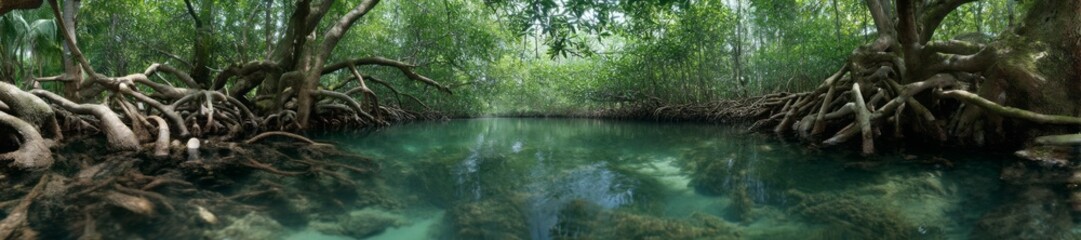 Exported mangrove roots in clear water hdri panoramic view lush nature environment serene scene