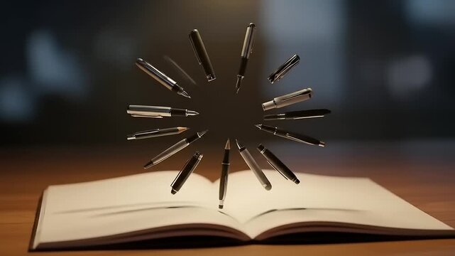 Floating pens arranged in a circular pattern above an open book on a wooden table, creating a dynamic visual