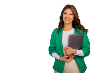 Professional businesswoman smiling, gripping laptop while standing in studio setting, radiating confidence on clean white backdrop