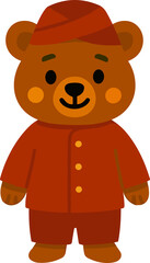 cartoon bear wearing a red traditional outfit with golden buttons and a matching red hat, smiling warmly with a friendly expression.