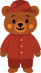 cartoon bear wearing a red traditional outfit with golden buttons and a matching red hat, smiling warmly with a friendly expression.