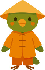 cartoon green bird wearing an orange traditional outfit and a yellow conical hat, standing happily with a cheerful expression.