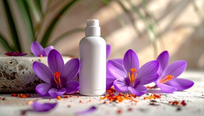 Generated image: White cosmetic bottle mockup surrounded by saffron flowers on a neutral background. natural skincare or beauty product concept.