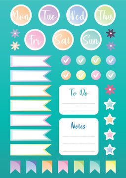 Modern vector collection of stickers for daily weekly monthly planner printable template with colorful elements. Set of note paper, to do list, stickers templates. Blank notebook page A4 printable