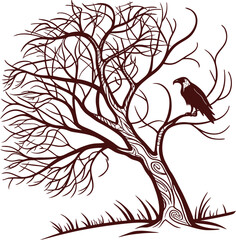 Silhouette of a bare tree with twisted branches and a crow perched on limb. Dark style illustration  mystery and nature. Decorative vector artwork design.
