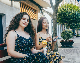 Two young friends, both in summer dresses and sunglasses, pose with ice cream in the street. One...