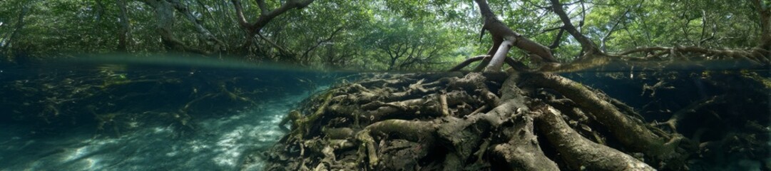 Obraz premium Exported mangrove roots underwater coastal area hdri panoramic view clear water environment