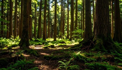 Forest floor view with ferns, moss, and towering trees, bathed in sunlight