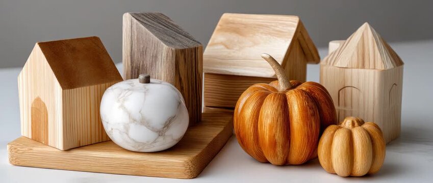 Arrangement of wooden houses and pumpkins brings warmth and charm to the autumn season with a lovely interior display