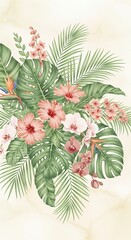 Tropical Flowers and Leaves Arrangement Watercolor Illustration for Spa or Summer Design