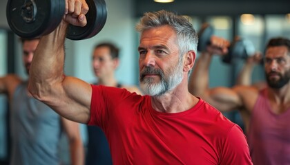 Middle-aged man with grey beard lifts weights in gym class. Determined, focused effort shows strong muscles. Healthy lifestyle promotes well-being and positive energy. Fitness motivation, confidence.