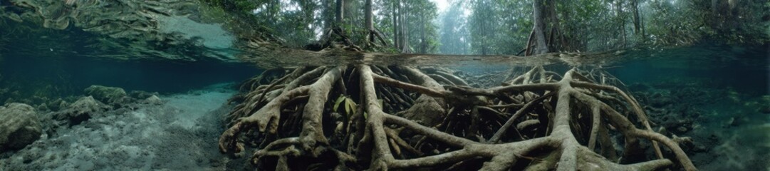 Obraz premium Exported mangrove roots in clear water hdr panoramic viewpoint nature environment underwater photography
