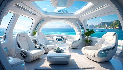 Futuristic yacht interior with white leather chairs, bright ocean view, and smooth surfaces