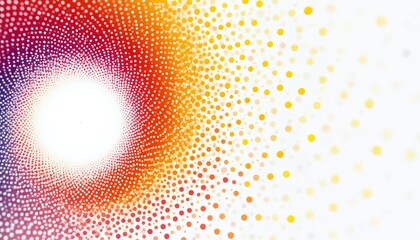 Vibrant abstract design features colorful swirl of dots in pink, purple, red, orange, yellow, creating dynamic, flowing movement. Halftone circles radiate from bright white center, forming textured,