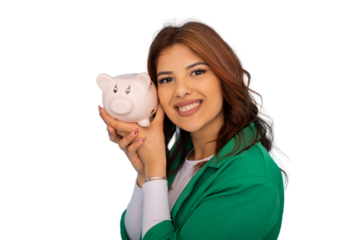 Professional businesswoman grasping piggy bank, symbolizing personal financial planning and savings strategy, white background