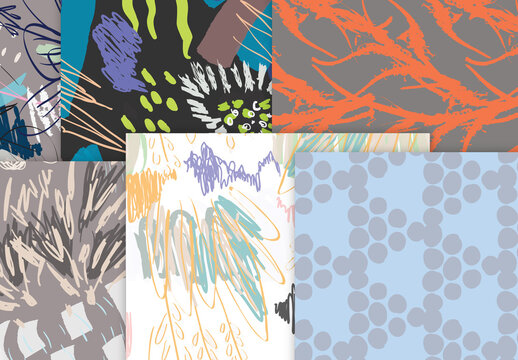 Seamless Pattern Collection with Hand Drawn Rough Abstract Strokes and Floral Elements