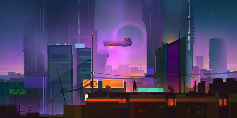 painted urban nightscape in cyberpunk style. A fantastic city of the future
