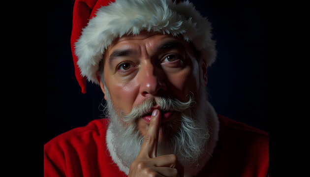 Santa Claus with playful expression making shushing gesture, festive spirit