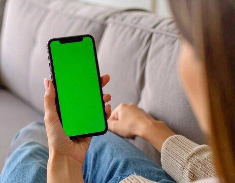 Woman using smartphone with green screen at home on sofa.