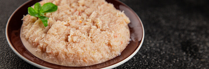 Canned crab meat seafood natural product tasty snack fresh delicious gourmet food background on the table rustic top view copy space pescetarian diet