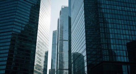 Obraz premium Skyscrapers in a city center, glass facades reflecting sunlight