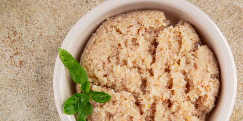 Canned crab meat seafood natural product tasty snack fresh delicious gourmet food background on the table rustic top view copy space pescetarian diet