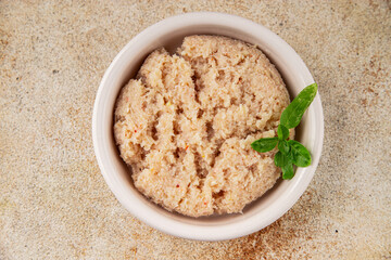 Canned crab meat seafood natural product tasty snack fresh delicious gourmet food background on the table rustic top view copy space pescetarian diet