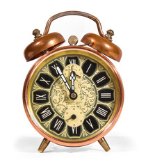 Classic retro copper alarm clock with twin bells and Roman numeral dial. Antique collectible...