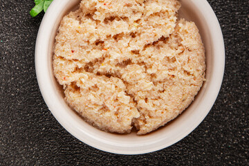 Canned crab meat seafood natural product tasty snack fresh delicious gourmet food background on the table rustic top view copy space pescetarian diet