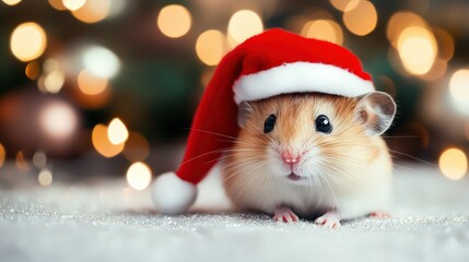Christmas concept. Hamster in a red Santa hat. New Year