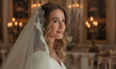 Naklejka premium A woman in a wedding gown and veil, posed in a grand room