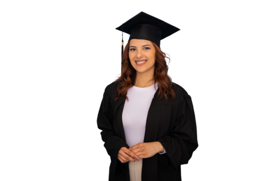 Jubilant graduate wearing academic regalia, beaming with success against transparent backdrop