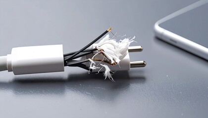 Damaged white electric cable next to phone, exposed wires, frayed casing, safety hazard