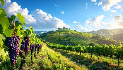 Naklejka premium Tuscan vineyard landscape in the morning light with hills, green vines, and a clear sky