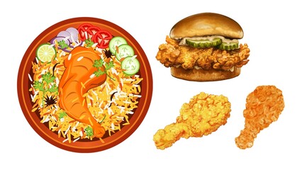 Delicious chicken biryani with fresh vegetables and fried chicken sandwich illustration for food lovers