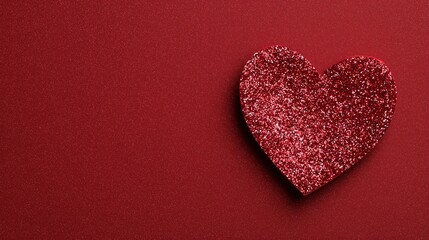 Obraz premium A glittery red heart shape on a smooth red background. The heart is made of sparkling material, creating a festive and romantic atmosphere.