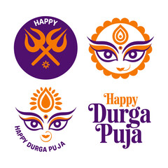 Durga Puja icon set, trishul symbol, sacred eyes, diya emblem, circular stamps, festive sticker bundle, vector graphics